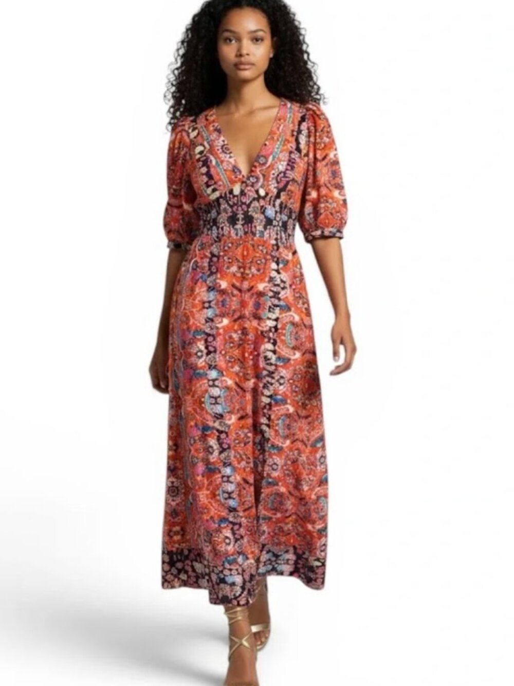 NWT  Anthropologie Orange Abstract Motif Puff Sleeve V Neck Maxi Dress 12